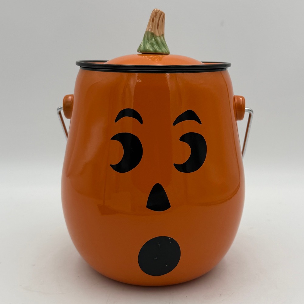 Cheryl & Co Halloween Pumpkin Metal Cookie Jar Canister Jack-O-Lantern Orange